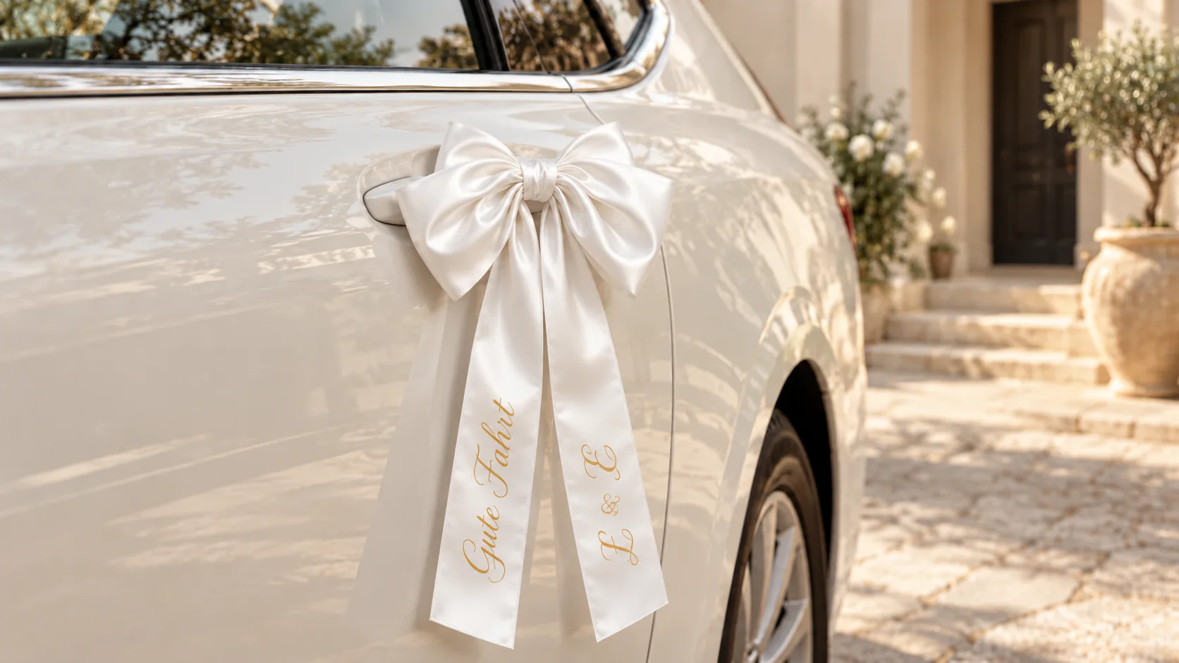 Kleine weiße Satinschleife mit goldener Schrift an der Tür eines weißen Hochzeitsautos.
