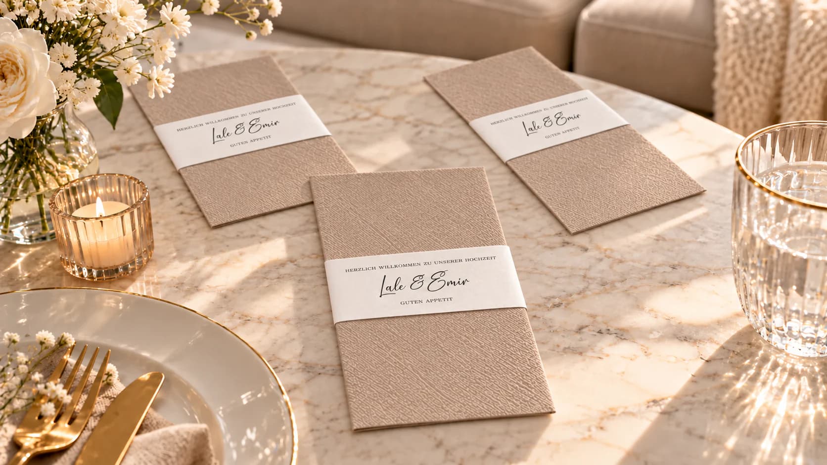 Taupe napkins with white personalised paper bands on a pale marble table.